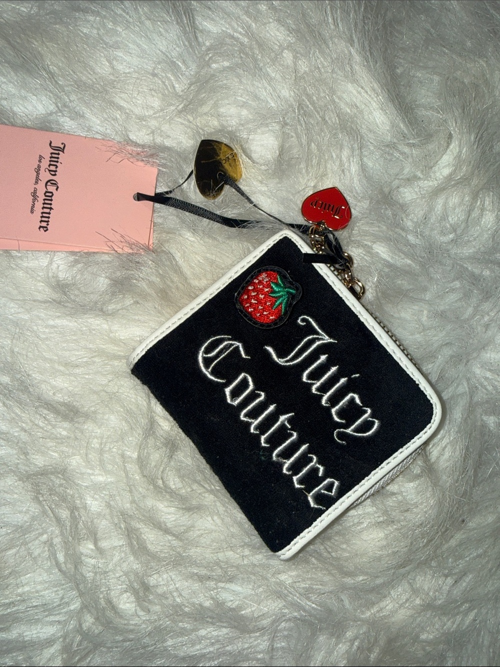 Juicy Couture Black and White Zip Card Holder with Red Strawberry Patch